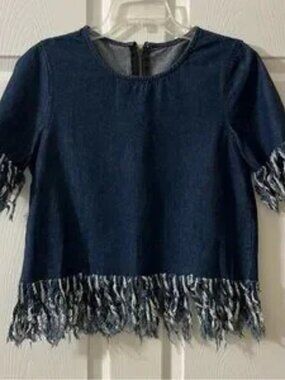 Denim Fringe Short Sleeve Top